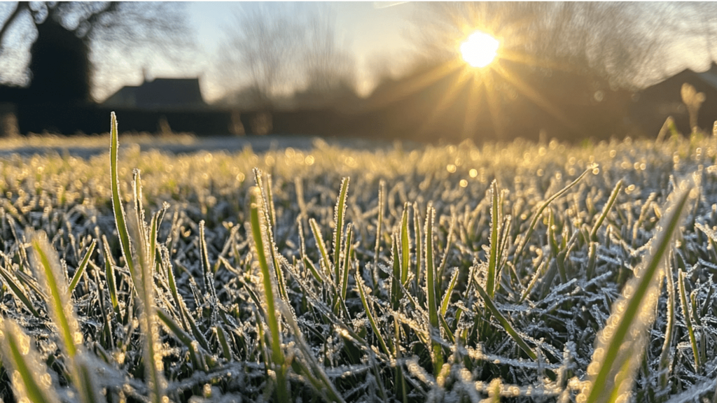 Frosted garden turf after being laid in winter